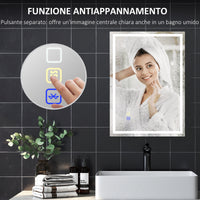 Specchio Bagno da Parete LED Antiappannamento 50x70 cm Speaker Bluetooth e Pulsanti Touch in Vetro Temperato