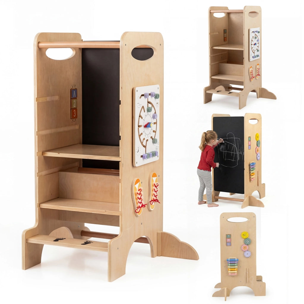 Torre legno bambini sgabello cucina 3 altezze regolabili lavagna rimovibile, Torre giochi montessori impronte corrimano sicurezza piedini antiribaltamento