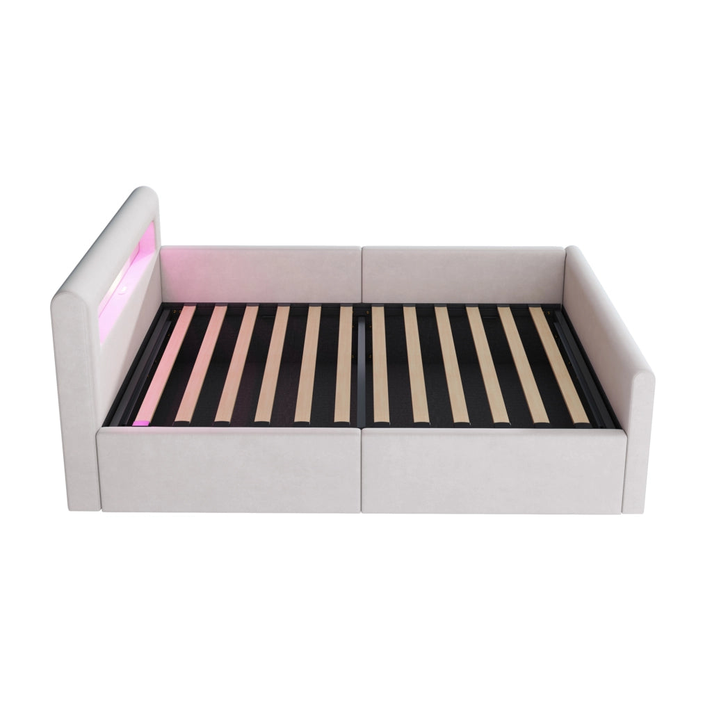 Letto imbottito per bambini 90 x 200 cm in velluto beige con LED; USB e contenitore