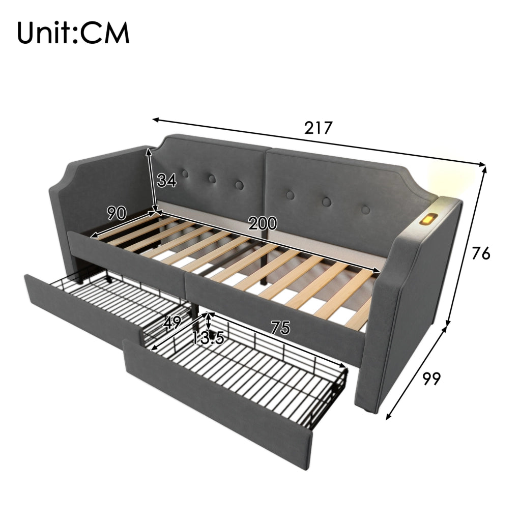 Letto singolo imbottito 90x200 cm con USB-C, cassetti e luce