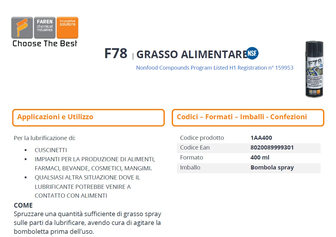 Lubrificante ad uso alimentare Faren F78 grasso spray HACCP Alimenti panifici