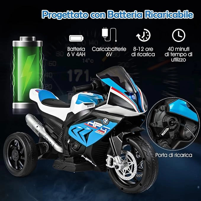 6V BMW Moto Cavalcabile per Bambini, Motocicletta a 3 Ruote con Musica Fari, 3km/h, Moto Elettrica Regalo per Bambini 37 a 96 Mesi (Blu)