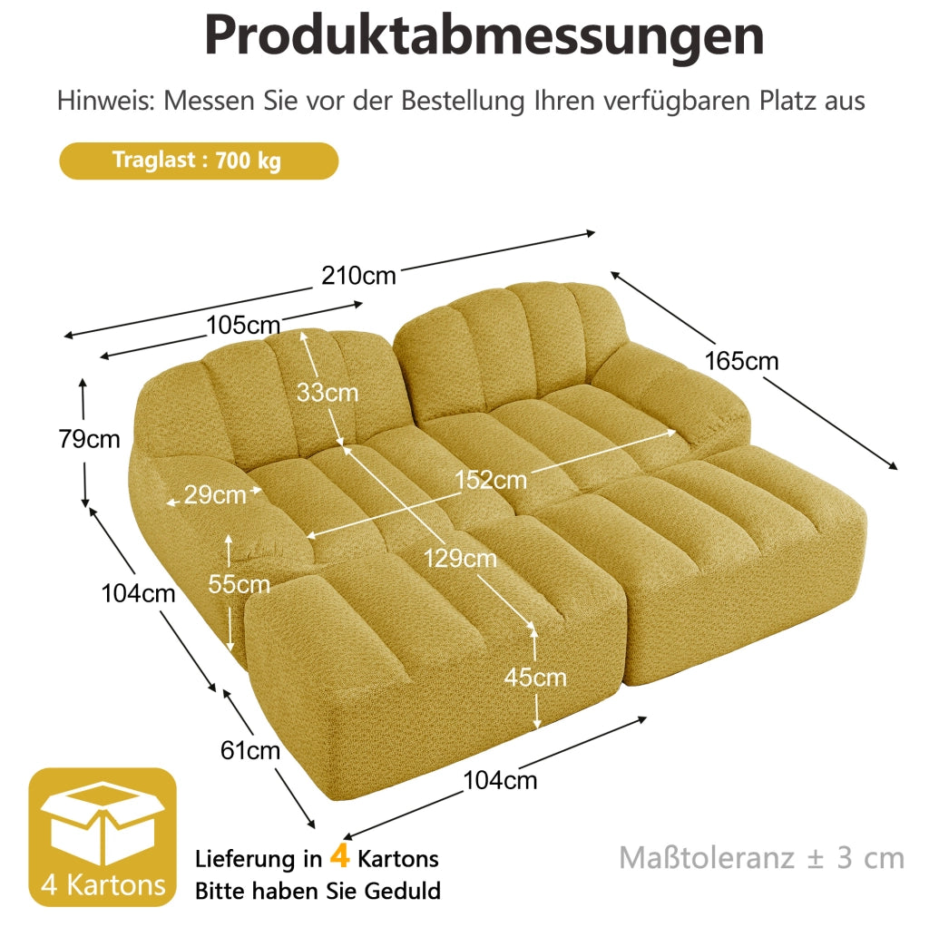 Divano modulare 210x165x79 cm in fleece granulato giallo; design senza struttura con pouf collegabile