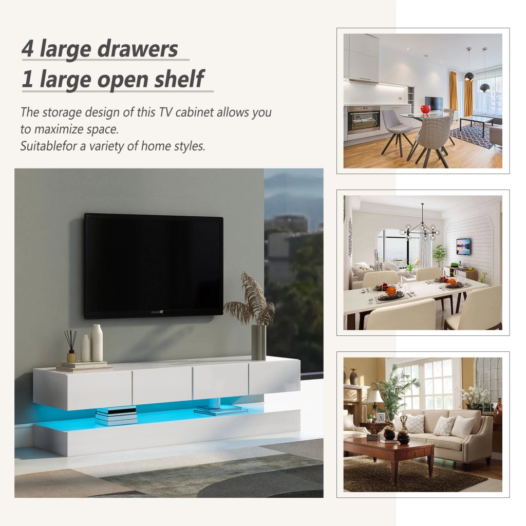 Mobile TV sospeso con 2 ante e 4 cassetti con LED; controllo da app e USB per soggiorno; in MDF; bianco