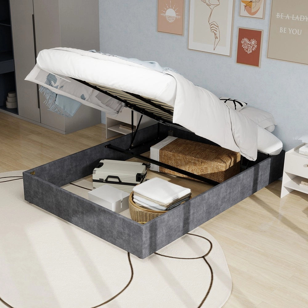 Letto Contenitore Imbottito ¨C Xylo ¨C Grigio, Velluto, 160x200, Senza Testiera