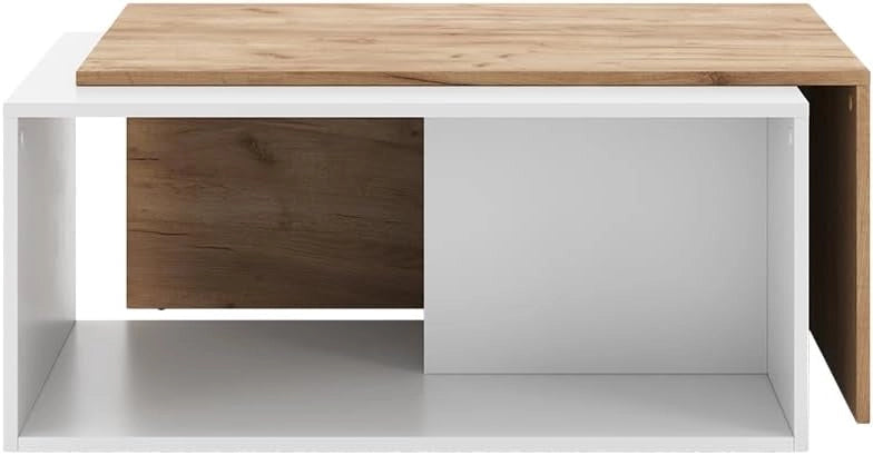 Tavolino da salotto Paul, Rovere bianco/dorato, 90 x 48 cm, con piano girevole e ripiano aggiuntivo