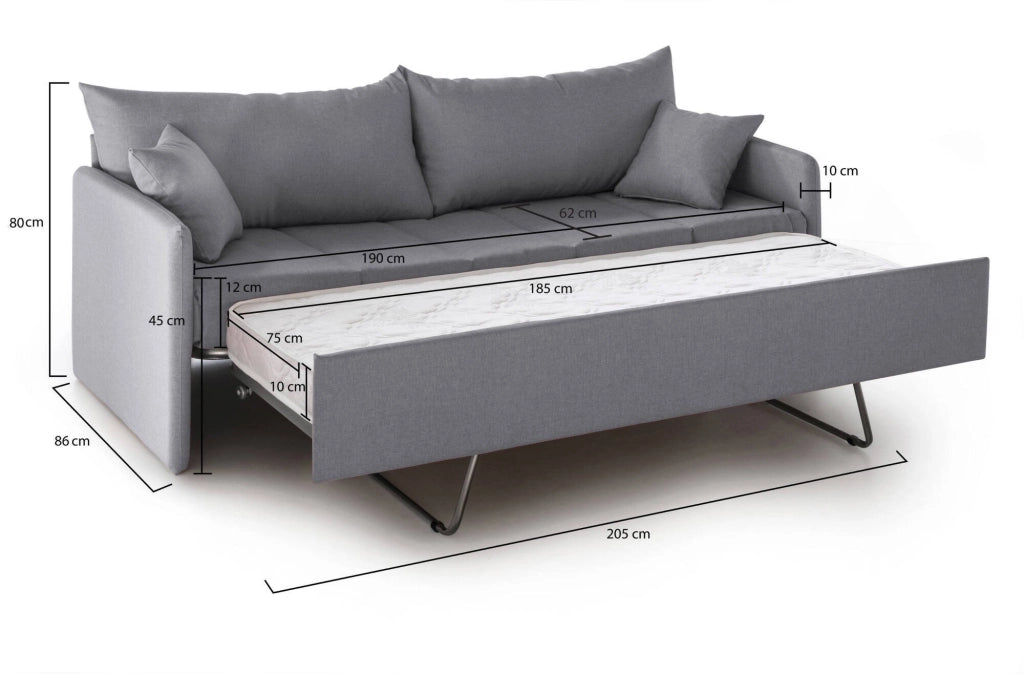 Avellana, Divano Letto 3 Posti Sfoderabile Made in Italy, 205x86 cm Grigio