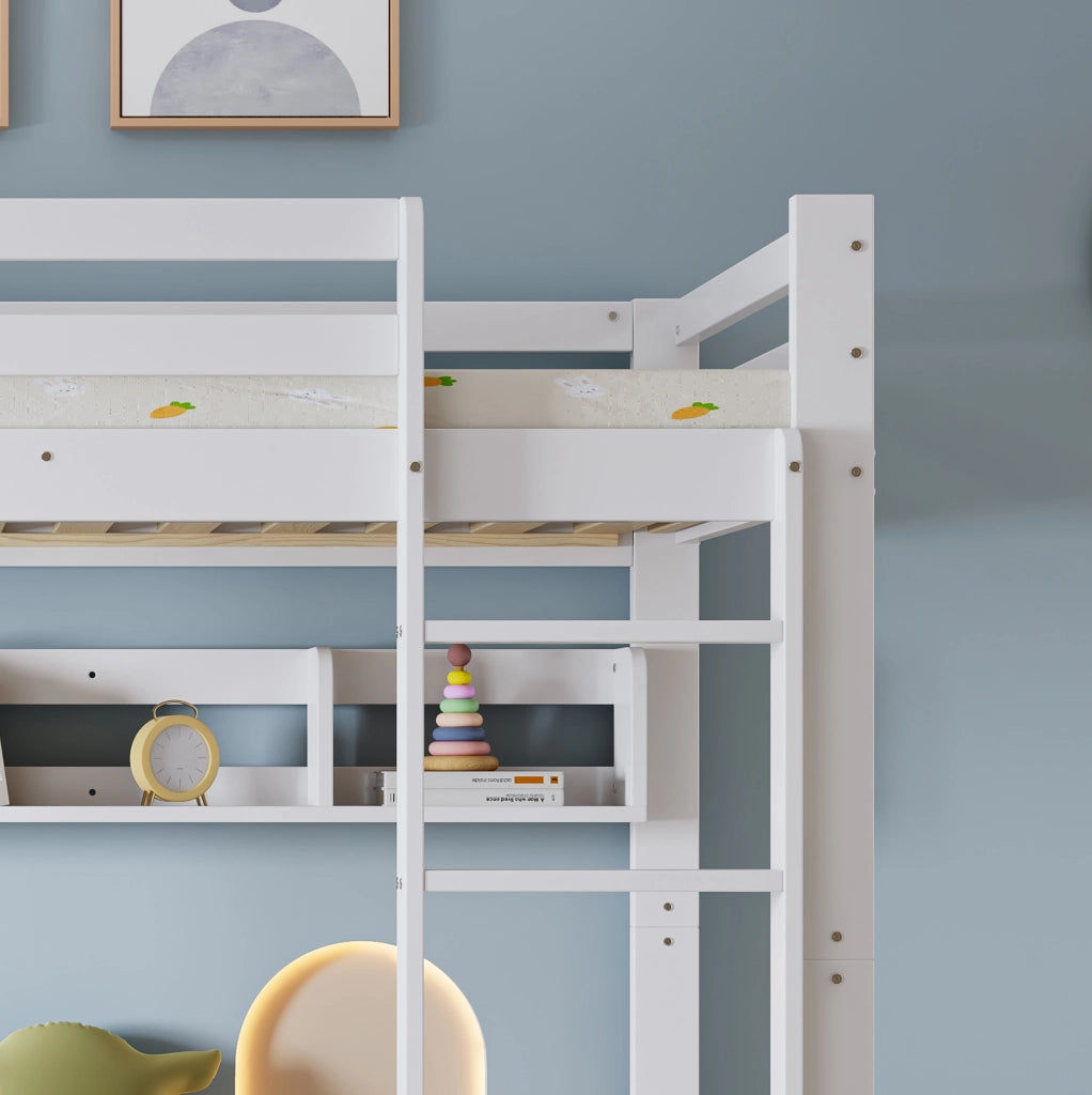 Letto a castello per bambini con letto estraibile; mensola da 2 m e scala; bianco 90x200 cm