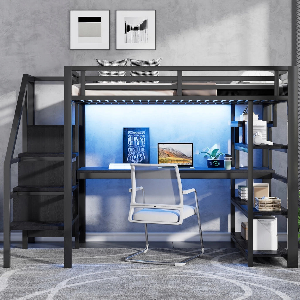 Letto a castello con scrivania e armadio - Xylo - 140x200 - Nero - USB, LED