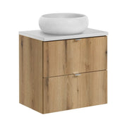 Set VANO finitura rovere e bianco 60cm: mobile sottolavabo con cassetti + piano per lavabo + lavabo da appoggio rotondo bianco
