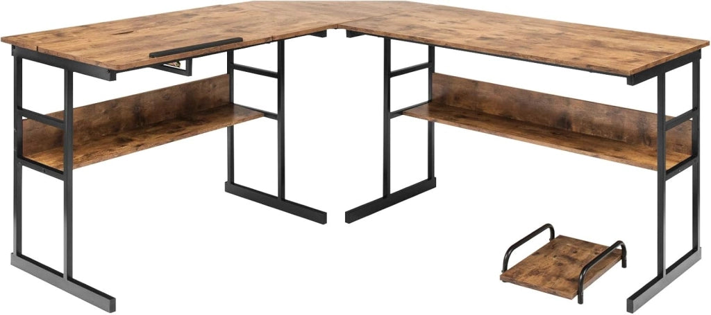 Scrivania ad angolo a forma di L 170 cm, scrivania per computer con 2 ripiani, vassoio inclinabile, supporto per unità centrale, tavolo da computer, poco ingombrante, stile industriale