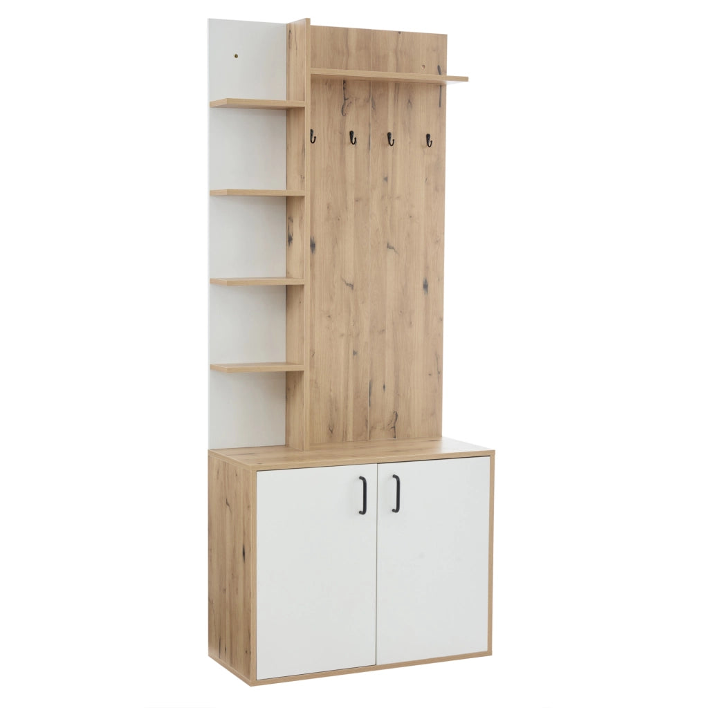 Mobile ingresso salvaspazio 75x33x180 cm in truciolare; colore legno naturale e bianco