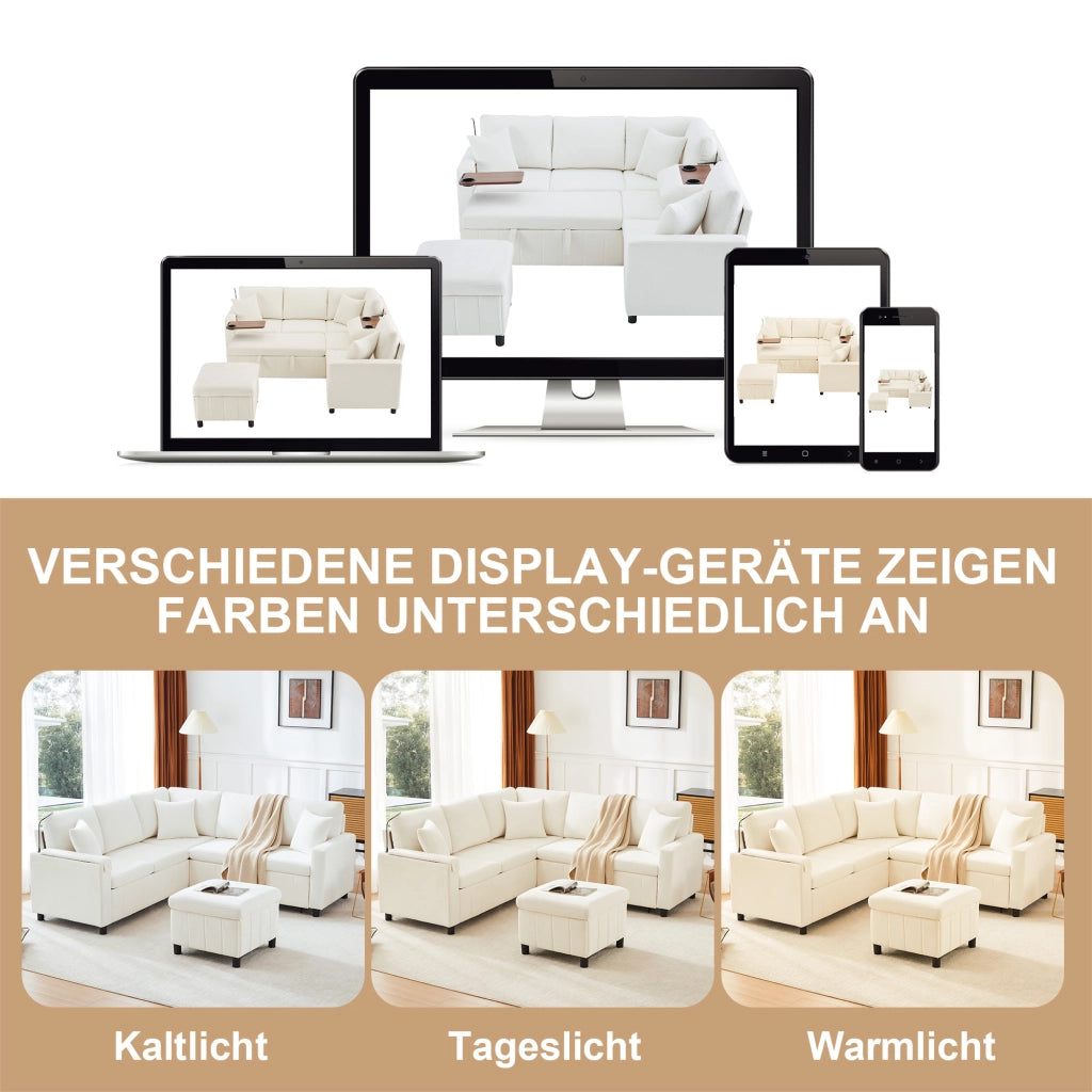Divano angolare convertibile con letto estraibile, lampada da lettura e pouf contenitore in chenille beige 205 × 205 × 85 cm