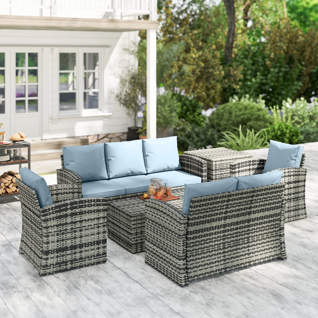 Set da Esterno 6 Pezzi con 2 Tavolini Contenitore 2 Divani e 2 Poltrone in Rattan e Acciaio Grigio