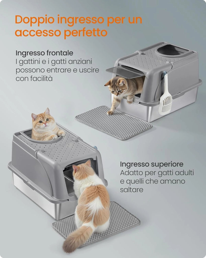 Feandrea Lettiera per Gatti in Acciaio Inossidabile con Coperchio Ribaltabile, Lettiera Chiusa XL Anti Perdite, Paletta, Spazzola, Doppio Ingresso, per Gatti fino a 15 kg, Grigio Tortora PPT005G01