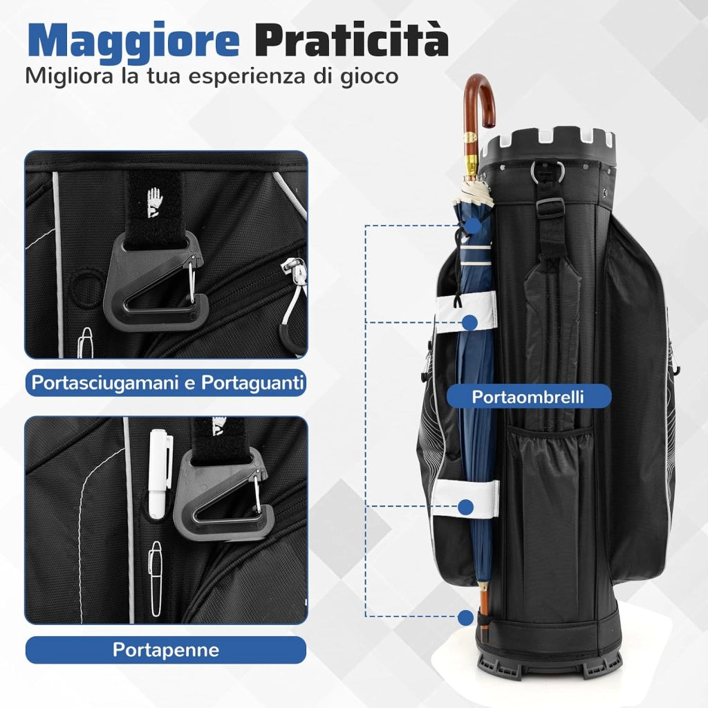 Borsa Carrello da Golf, Sacca da Golf con Serratura e Divisori a 14 Vie, 11 Tasche, Sacca Isolante, Tracolla Imbottita, Maniglie, Porta Ombrello e Cappuccio Antipioggia