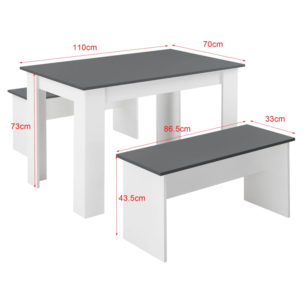 Set Hokksund per Sala da Pranzo Tavolo e 2 Panche - Bianco / Grigio [en.casa]