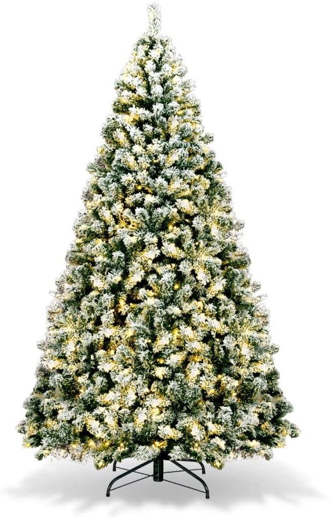 Albero di Natale Innevato 142/183/230 cm, Albero di Natale Slim, Albero di Natale con Luci Incorporate, Scuole Supporto in Ferro, Rami Spessi (230 cm)