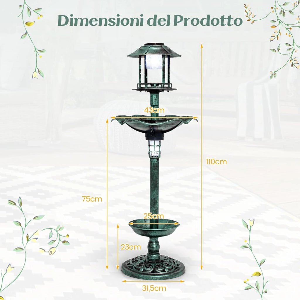 Vasca per Uccelli da Giardino a Energia Solare, Abbeveratoio e Mangiatoia per Uccelli da Esterno con 2 Lampade a Energia Solare, Fioriera e Supporto Riempibile (Verde)