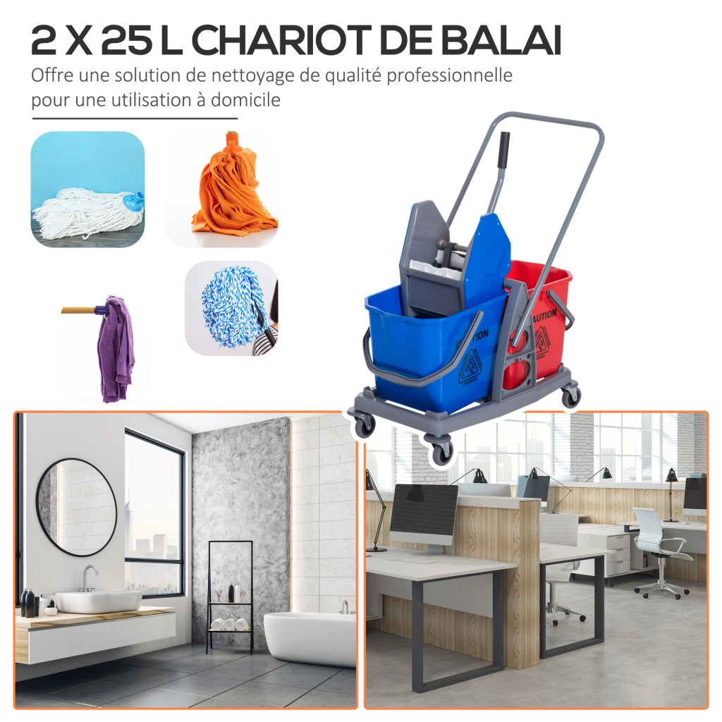 Carrello pulizia professionale con strizzatore e secchi 25L ¨C Xylo ¨C 73x45x92 cm grigio blu rosso