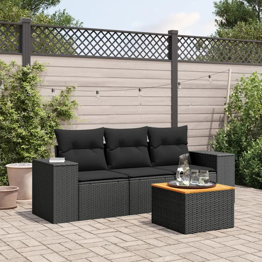Set Divani da Giardino 4 pz | Set Salotto da Giardino con Cuscini Nero in Polyrattan