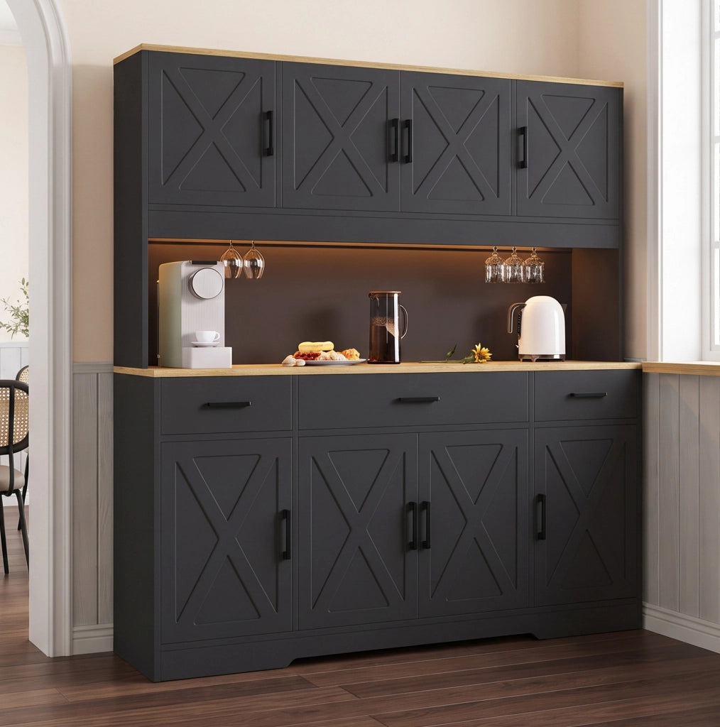 Credenza buffet 150x40x180 cm con LED; 2 prese; USB-A/C; portabicchieri; nero