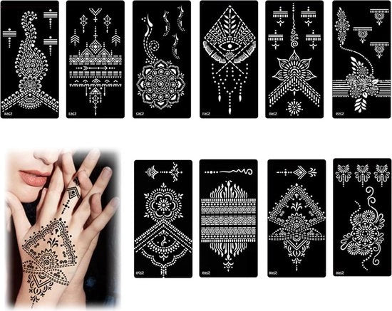Set di stencil per tatuaggi al henna da 10 pezzi - stencil per tatuaggi al henna per donne e ragazze - trucco per Halloween