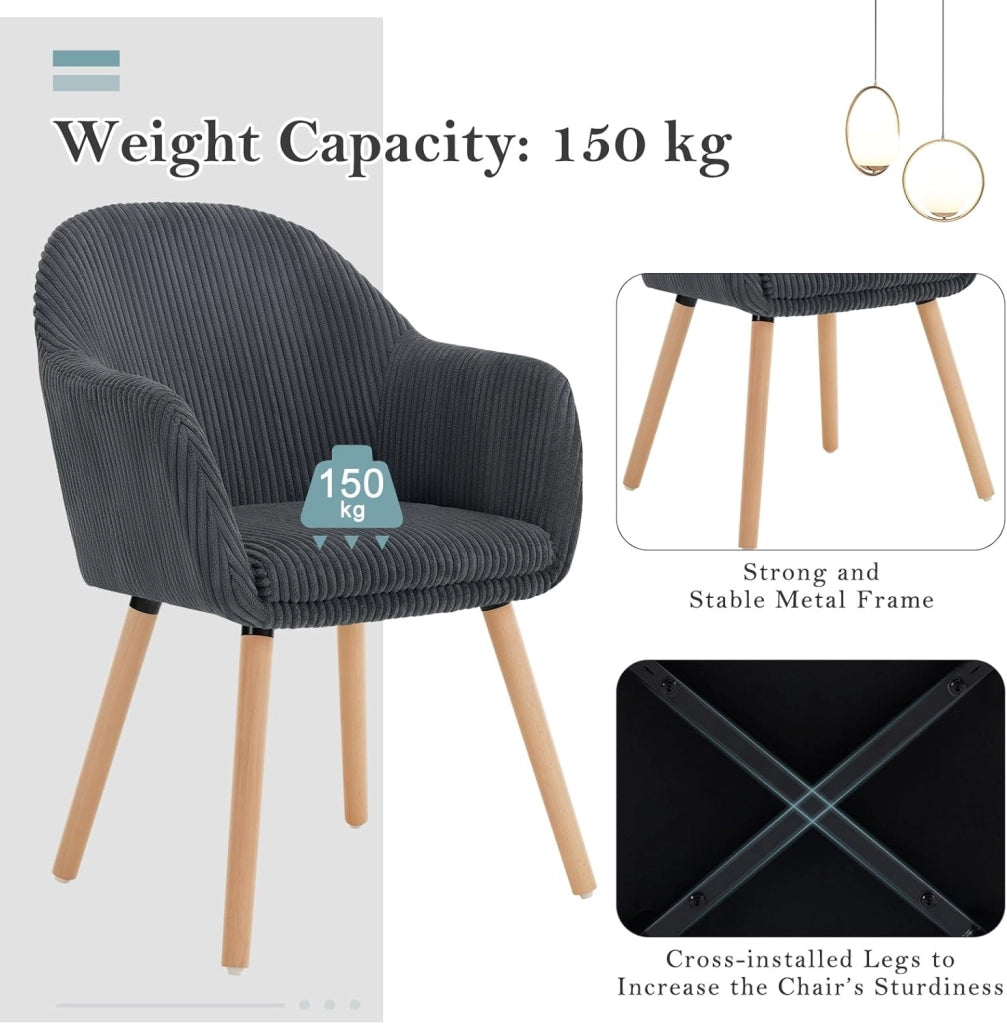 Set di 2 Sedie Sala da Pranzo, Sedie Cucina, Poltroncina, Sedia Imbottita per Camera da letto Ufficio, Salotto, Seduta in Velluto a Coste, Gambe in Legno Massiccio, Grigio Scuro, EZS26dgr-2