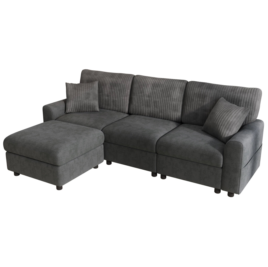 Divano con pouf; USB e Type-C; 223×146×84 cm; ciniglia e velluto a coste; grigio