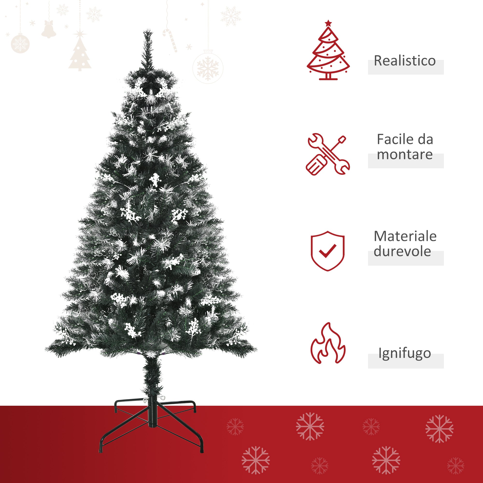 Albero di Natale Artificiale Innevato 150 cm 378 Rami con Bacche Verde