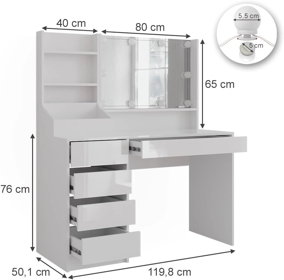 Tavolo da toeletta Sherry, Bianco/bianco lucido, 119.8 cm 4 parti