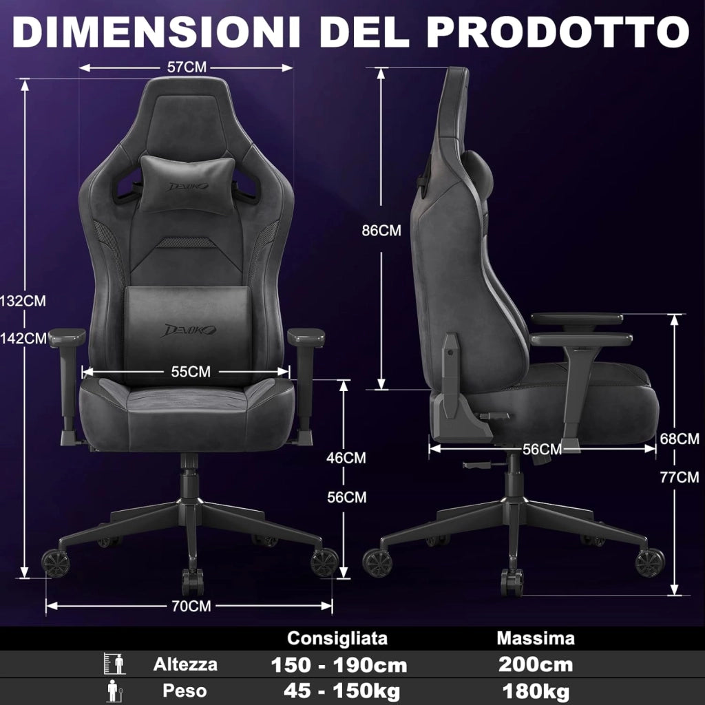 Sedia da Gaming Ergonomica in Pelle Scamosciata, Poltrona da Ufficio Gamer Reclinabile 90°-135°, Braccioli 3D Regolabili, Base in Metallo, Ruote Silenziose, Portata 180kg, Nero