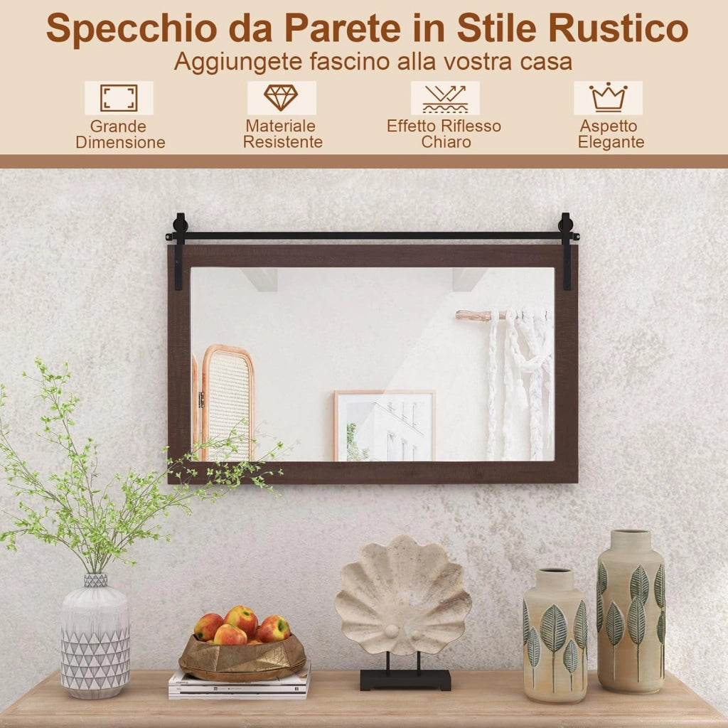 Specchio da Parete 100 x 66 cm, Specchio Rettangolare con Cornice in Legno Massiccio e Staffa in Metallo, Decorazione da Parete per Soggiorno Ingresso Bagno, Marrone (Noce)