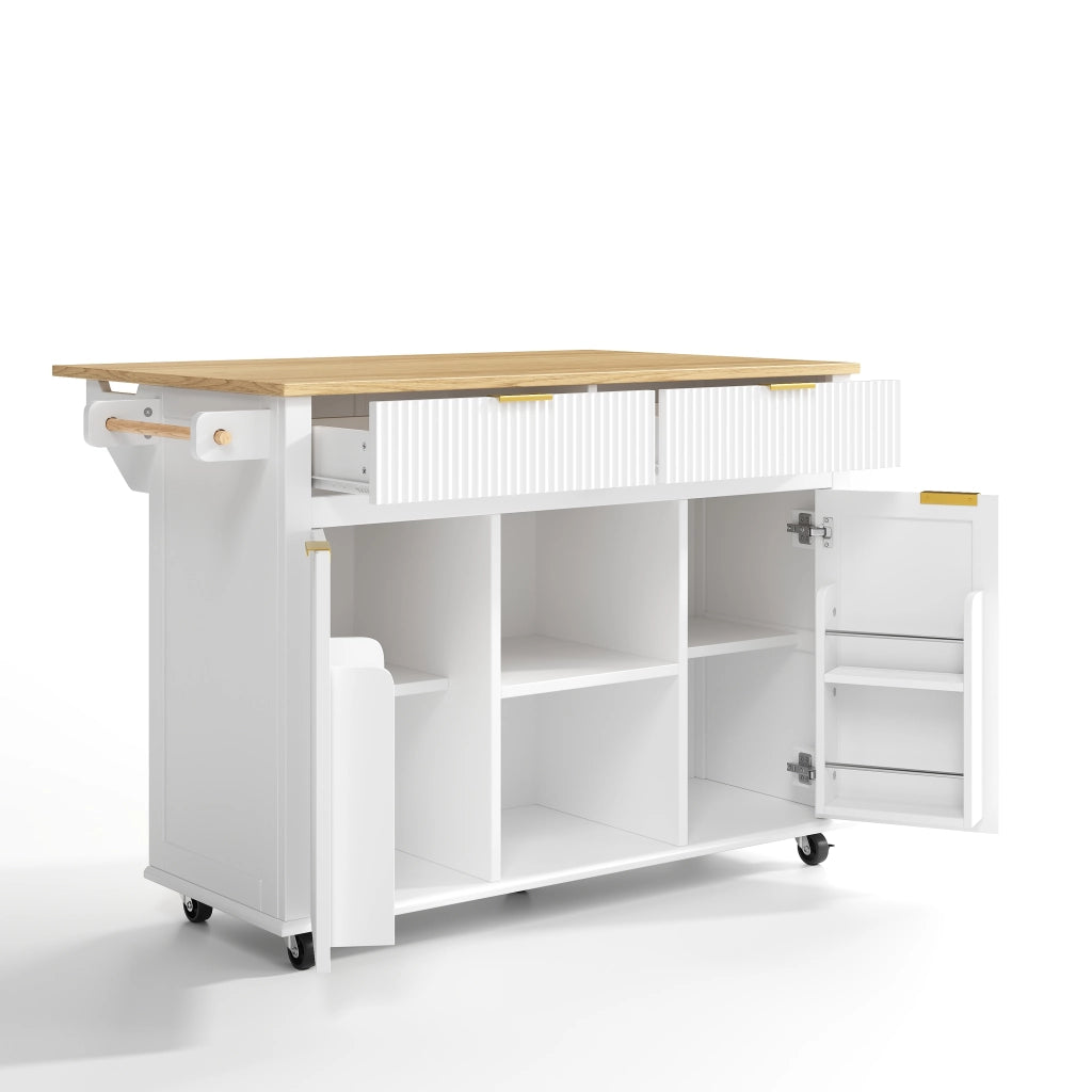 Isola da cucina su ruote 143 x 45 (69) cm con piano ribaltabile, 2 cassetti, 2 ante e vano porta spezie