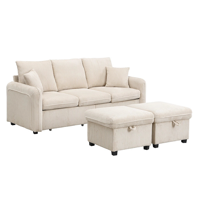 Divano 3 Posti Trasformabile con 2 Pouf Contenitore e 2 Cassetti; Velluto a Coste Beige