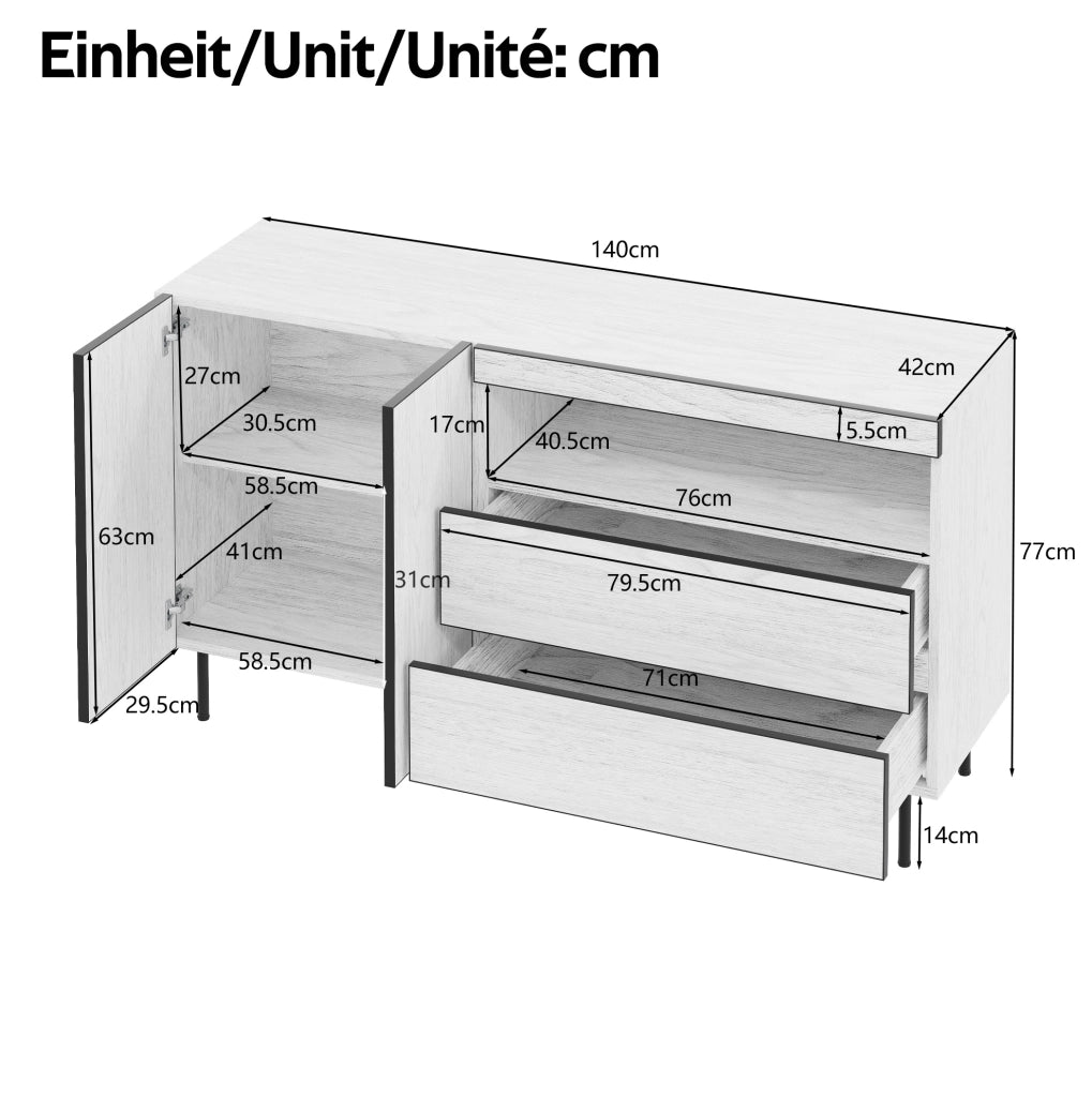 Credenza 140x42x77 cm bianca， 2 ante， 2 cassetti， vano aperto
