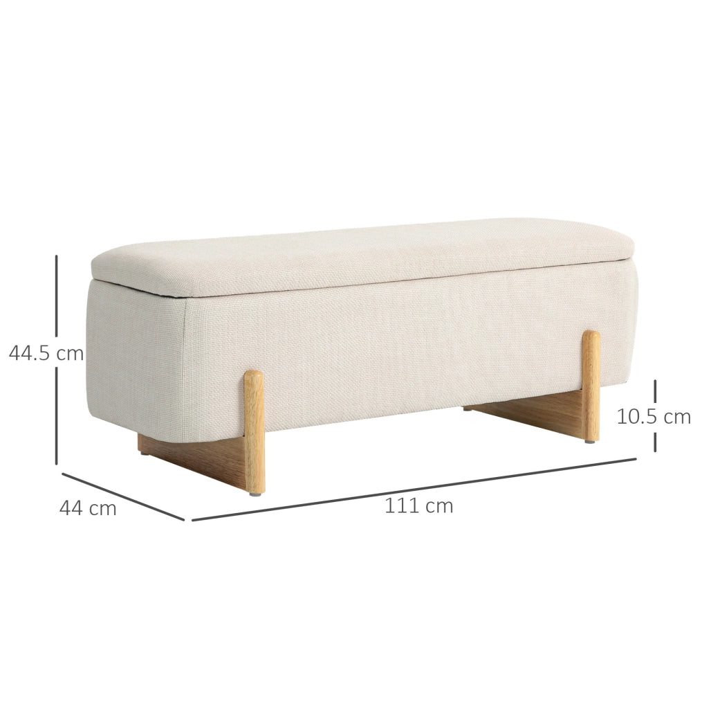 Panca contenitore beige imbottita con gambe in legno