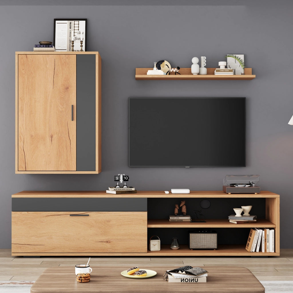 Mobile porta TV con 2 ante e 2 vani aperti, per soggiorno, in truciolare, rovere e nero, 140 × 35 × 39 cm