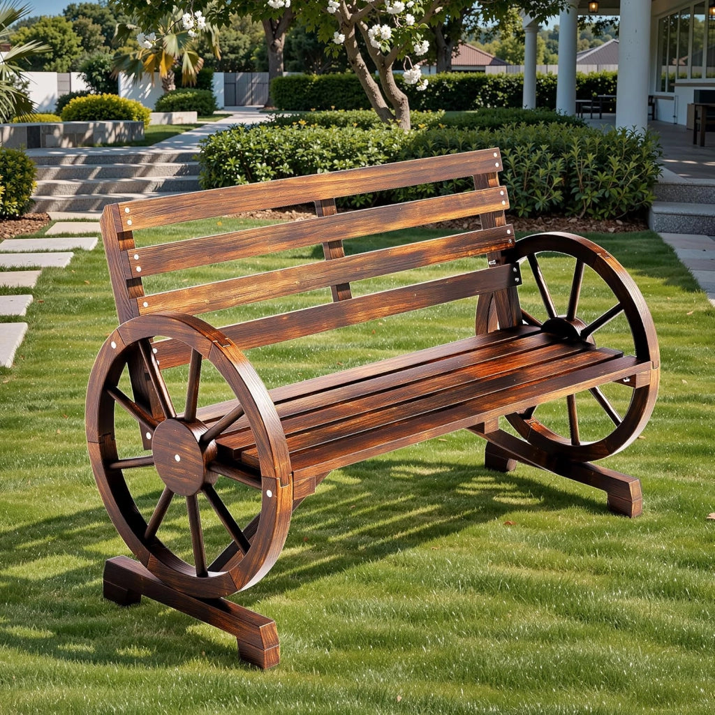 Panca da esterno a 2 posti, resistente alle intemperie, con braccioli a forma di ruota, in legno con schienale, in stile country, per patio, giardino, parco, 105.5 x 56 x 79 cm.