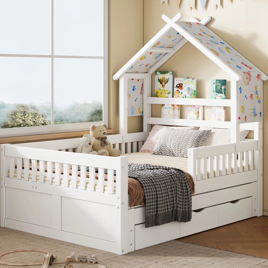 Letto a casetta 140x200 cm con letto estraibile e 3 cassetti in pino e MDF bianco