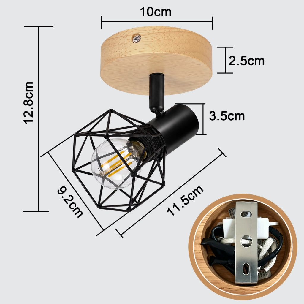 ZMH Faretto da soffitto 1 Luce Nero Legno E14 Vintage Industriale Orientabile 350¡ã per Cucina Camera Senza Lampadina