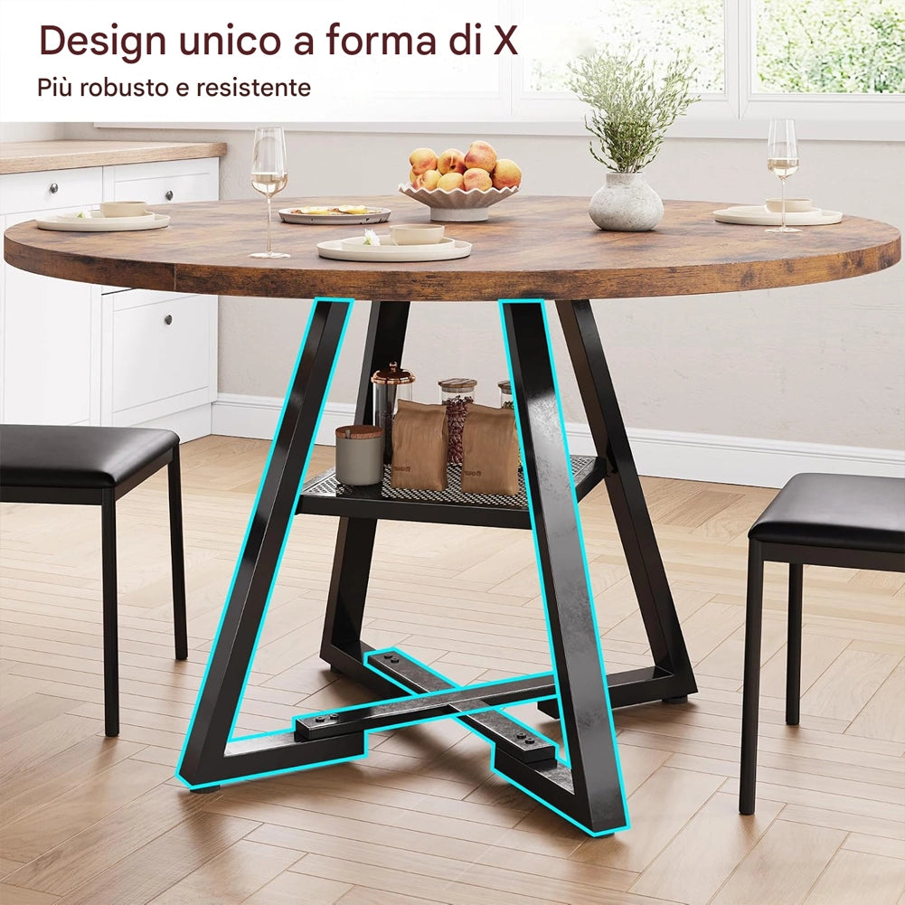 Tavolo per Sala da Pranzo Tondo Industrial con Ripiano Portaoggetti 120x120x76cm