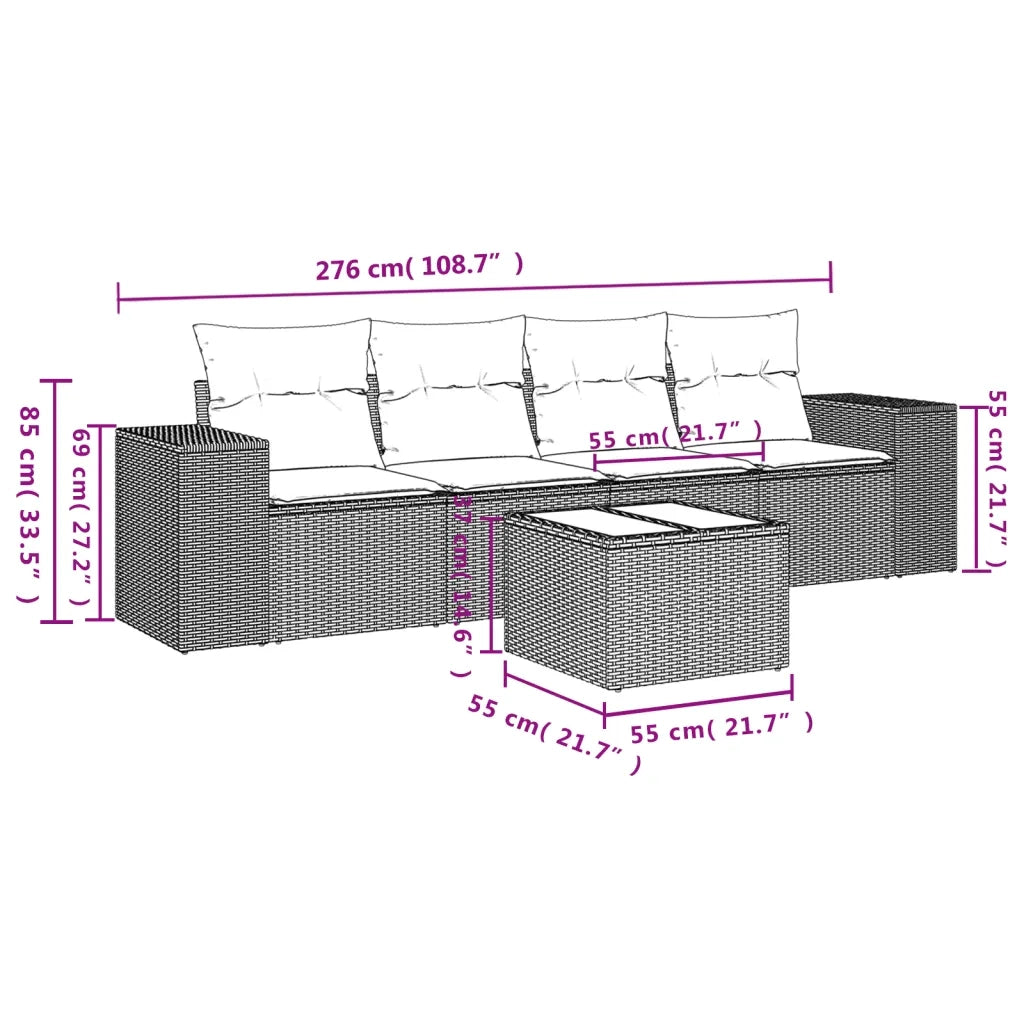 Set Divano da Giardino 5 pz con Cuscini Beige in Polyrattan
