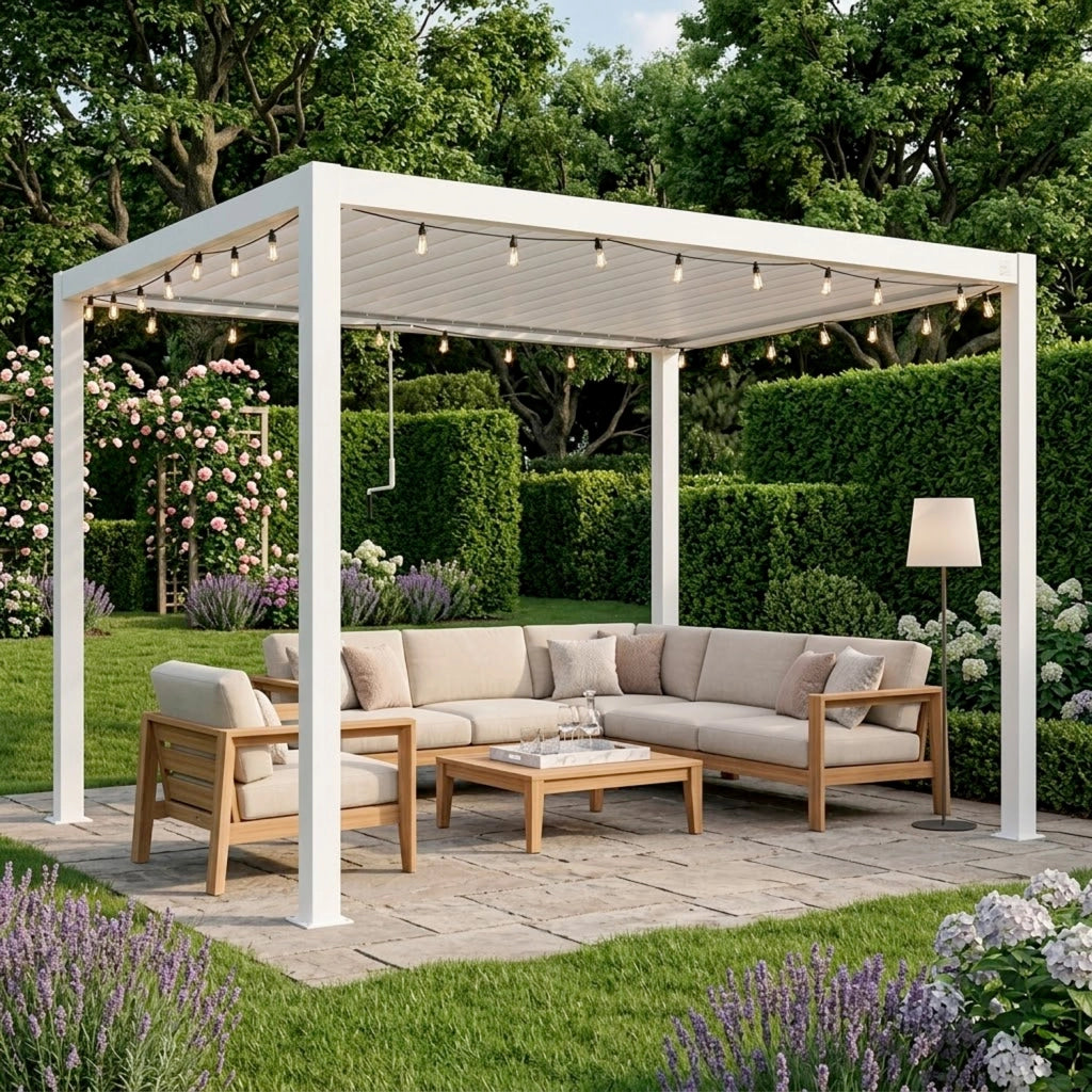 Pergola Gazebo Bioclimatica 3X4 Metri Con Tetto A Lamelle Orientabili Sistema Di Drenaggio Struttura In Acciaio E Alluminio Resistente Ai Raggi UV Per Giardino Terrazza E Piscina Bianco Opaco