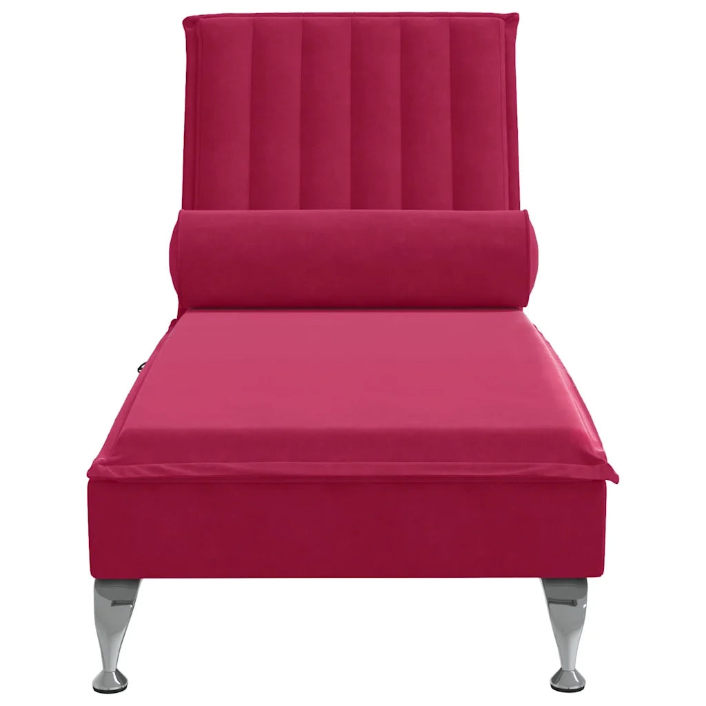 Chaise Longue Massaggi con Cuscino a Rullo Rosso Vino Velluto 379463