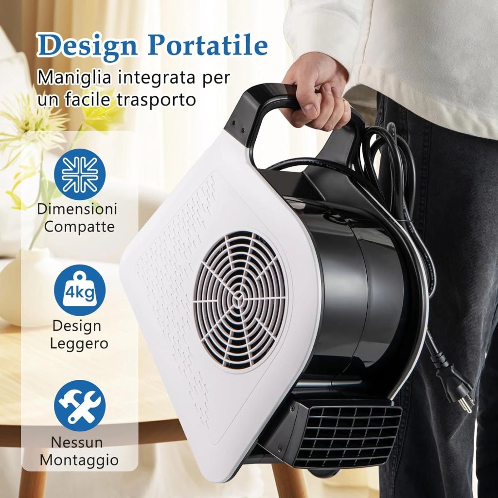 130W Ventilatore ad Alta Velocità, Ventilatore Essiccatore con 3 Velocità e Testa Pivotante a 185° per Asciugatura, Raffreddamento e Ventilazione, per Casa Garage Palestra