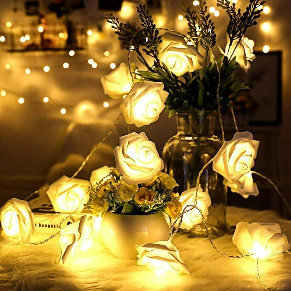 Luci Ghirlanda con 10 Rose luminose bianche a led Bianco Caldo Wedding Matrimoni