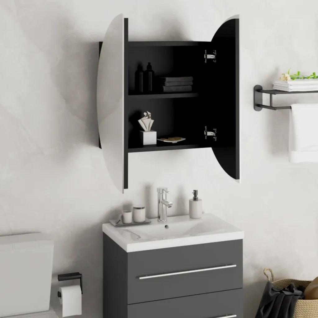 Armadio da Bagno con Specchio Rotondo e LED Nero 47x47x17,5 cm 345584