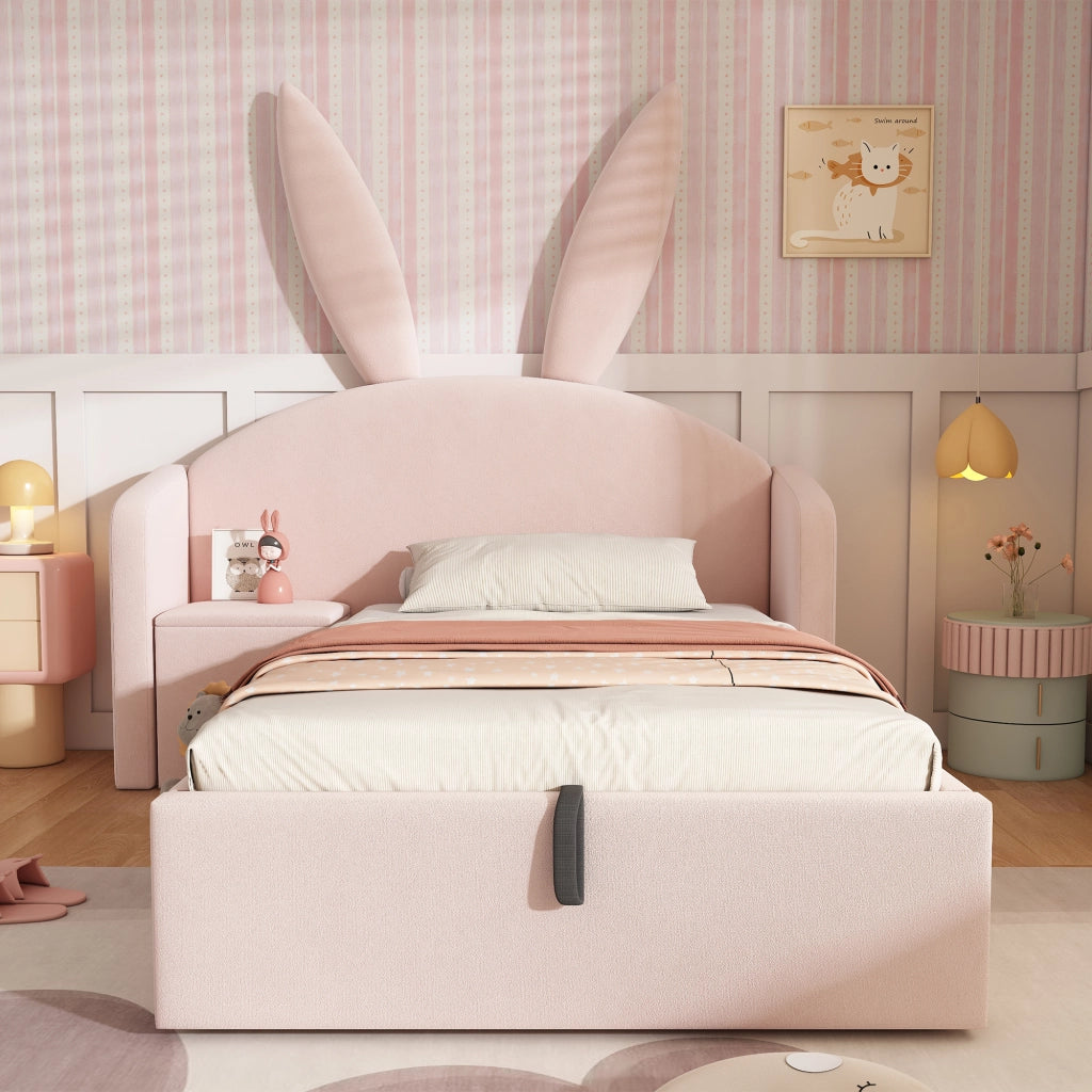 Letto per bambini 90 × 200 cm con testiera imbottita a orecchie di coniglio, contenitore laterale, senza materasso, rosa in velluto