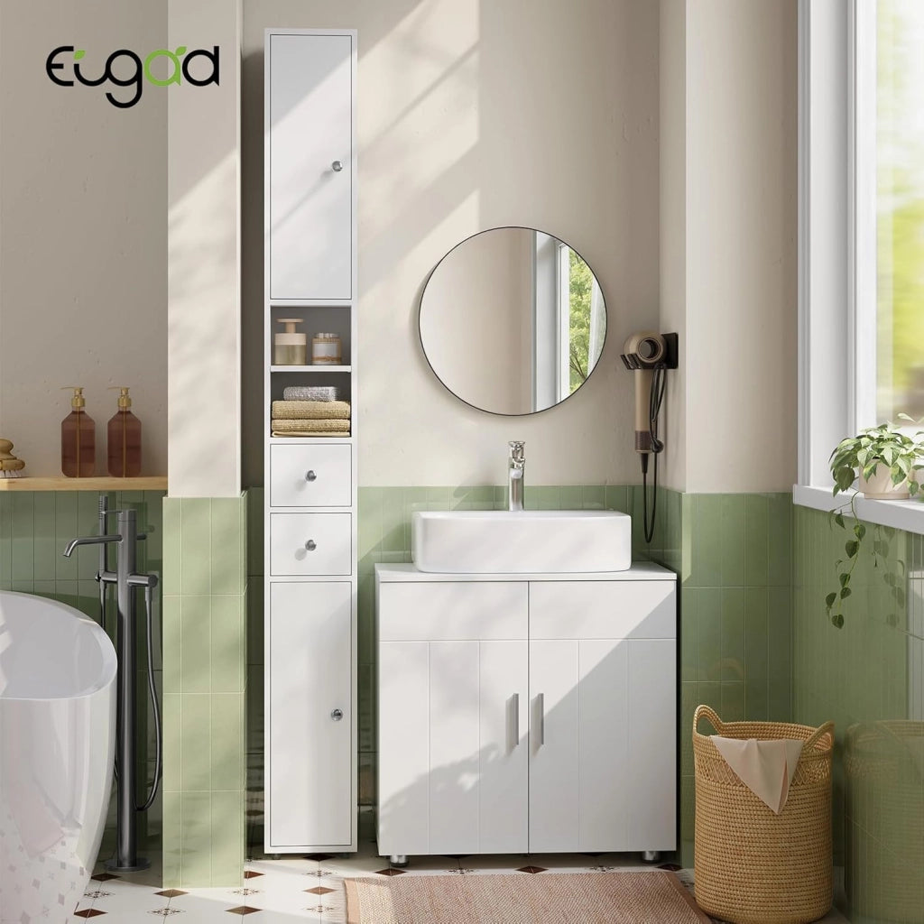 Armadio Alto da Bagno, Mobiletto da Bagno, Colonna Bagno Stretta, 20 x 20 x 180 cm, Mobiletto Salvaspazio Stretto, con Ripiani Regolabili, per Spazi Ridotti, Soggiorno, Corridoio, Bianco 0257WY